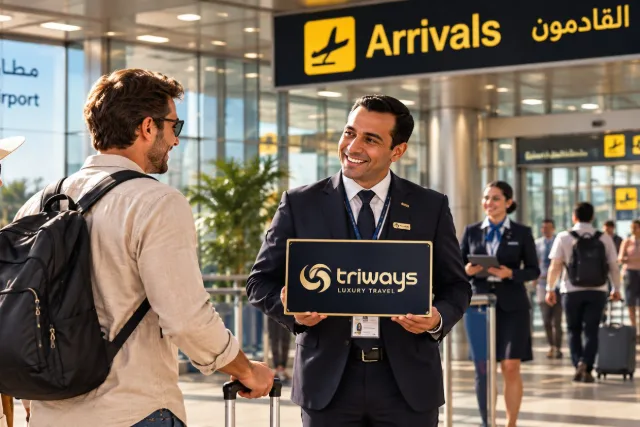 A Triways representative greeting an arriving traveller in the airport terminal