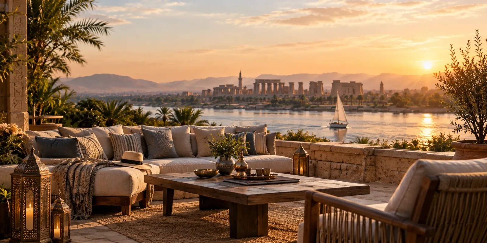A lantern-lit terrace lounge above the Nile at sunset, a sailing boat on the water and temple ruins on the far bank