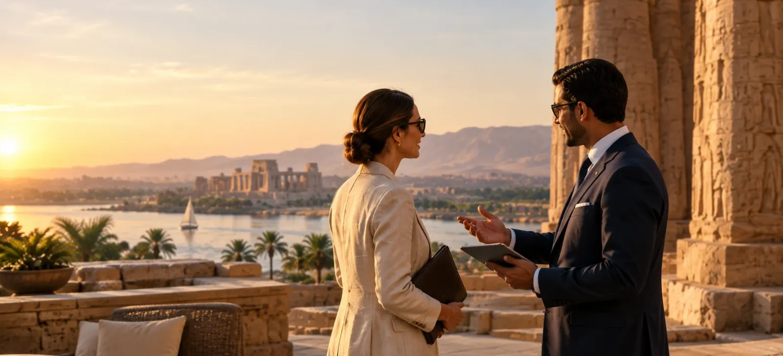 A Triways specialist in conversation with a travel professional on a Luxor terrace at sunset, temple columns beside them and the Nile behind