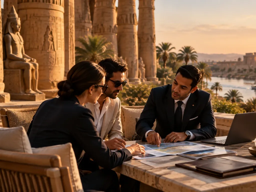 A Triways specialist reviewing a map of Egypt with two travel professionals at a terrace table, a temple colonnade behind them