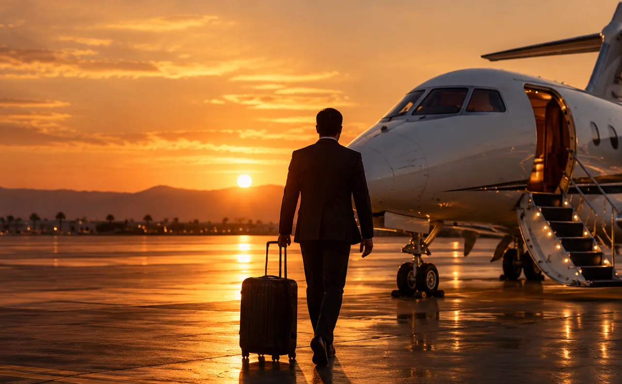 A traveller with a suitcase walks towards an aircraft on the apron at sunset