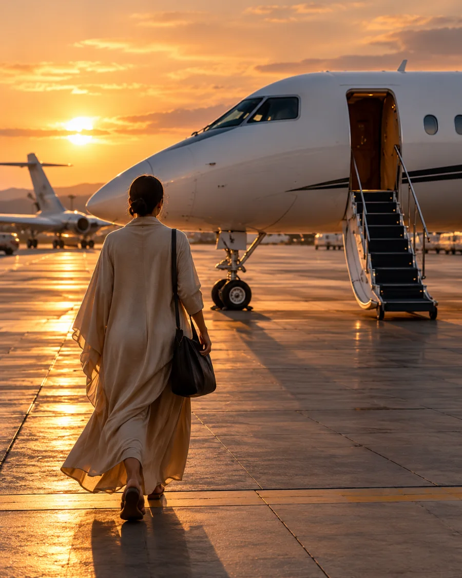 A traveller walks across the apron towards the open door of an aircraft at sunset