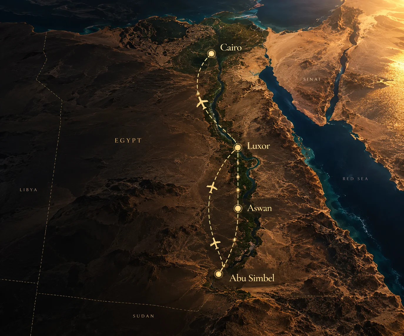 Relief map of Egypt at dusk with a route marked from Cairo to Luxor, Aswan and Abu Simbel