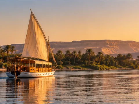 A dahabiya under sail on the Nile at sunset