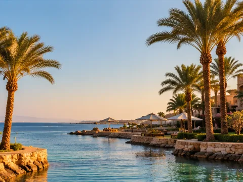 Palms along a Red Sea resort shore