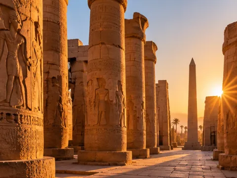 Carved columns and an obelisk at Karnak at sunrise