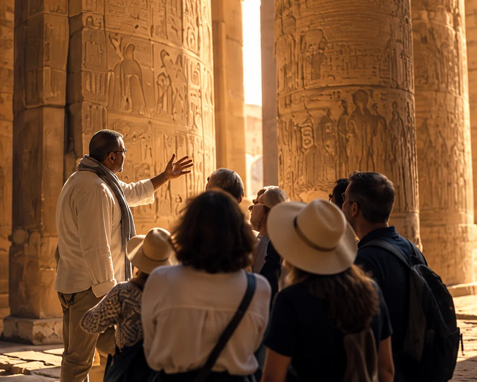 A guide gesturing towards carved reliefs on a temple column while a small group of travellers listens