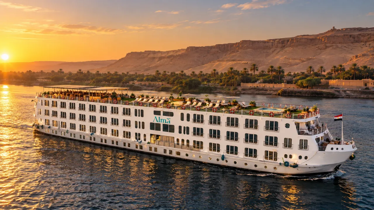 The Alma Nile cruise ship at sunset, desert cliffs and palms on the far bank