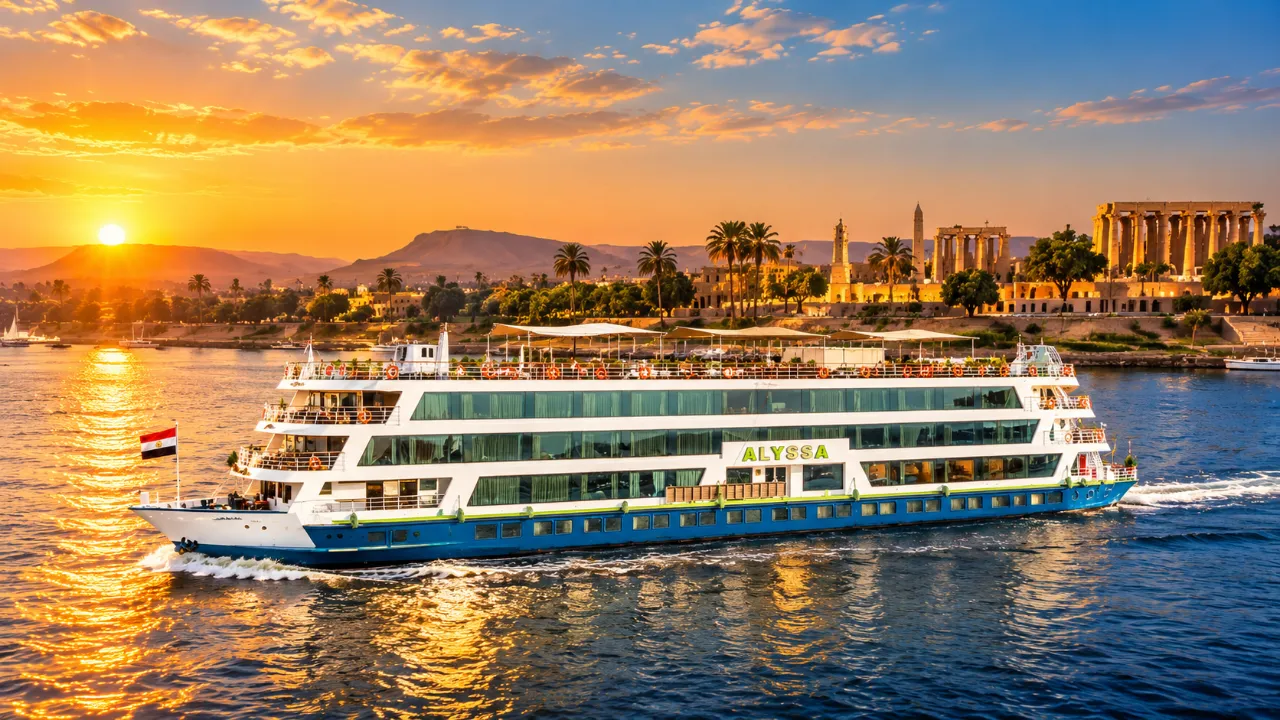 The Alyssa Nile cruise ship under way at sunset, temple columns on the bank behind