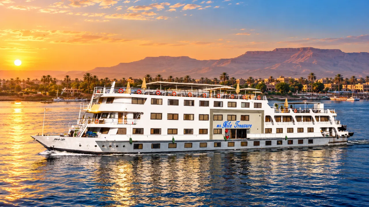 The MS Nile Treasure cruise ship on the Nile at sunset, hills beyond the palms