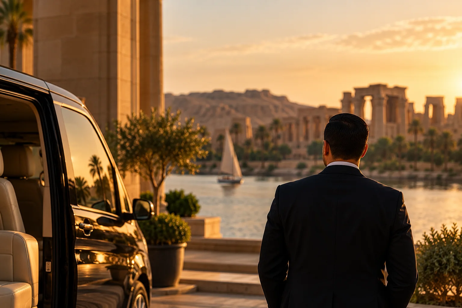 A man in a dark suit beside a waiting vehicle, looking across the Nile to temple ruins and cliffs at sunset