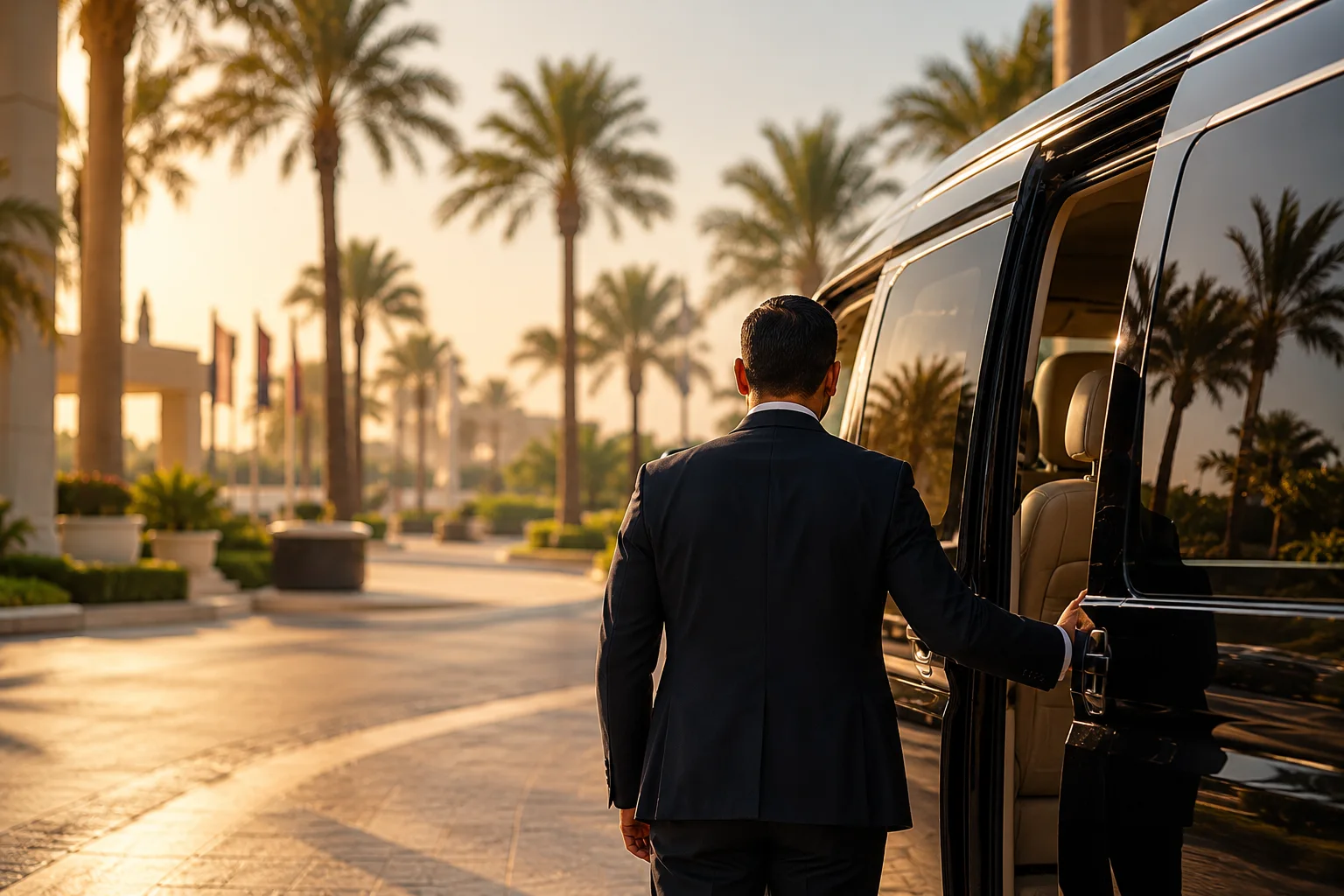 A chauffeur in a dark suit opening the door of a black van on a palm-lined hotel drive