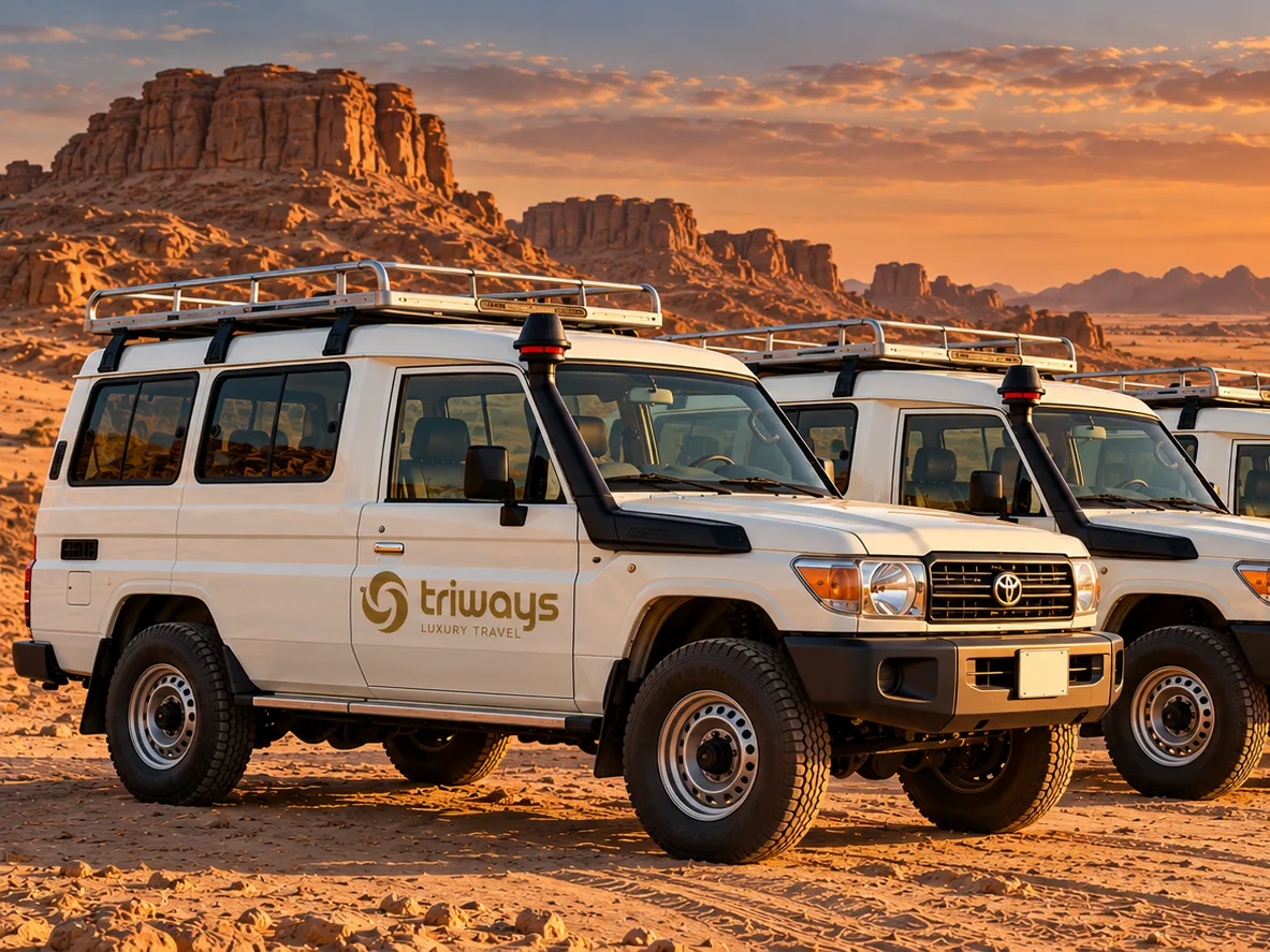 A line of white Toyota Land Cruiser 4x4 vehicles in Triways livery in the desert at sunset
