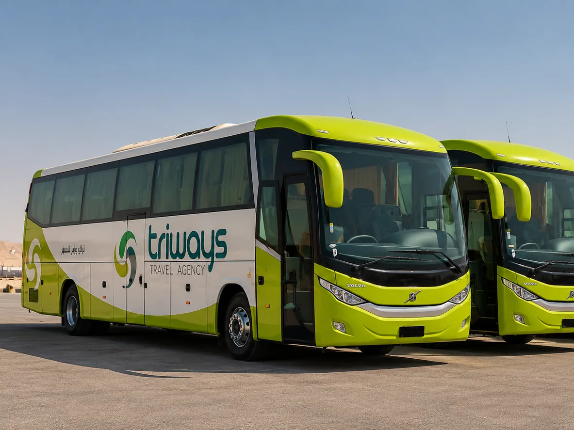 A line of full-size Volvo coaches in green and white Triways livery