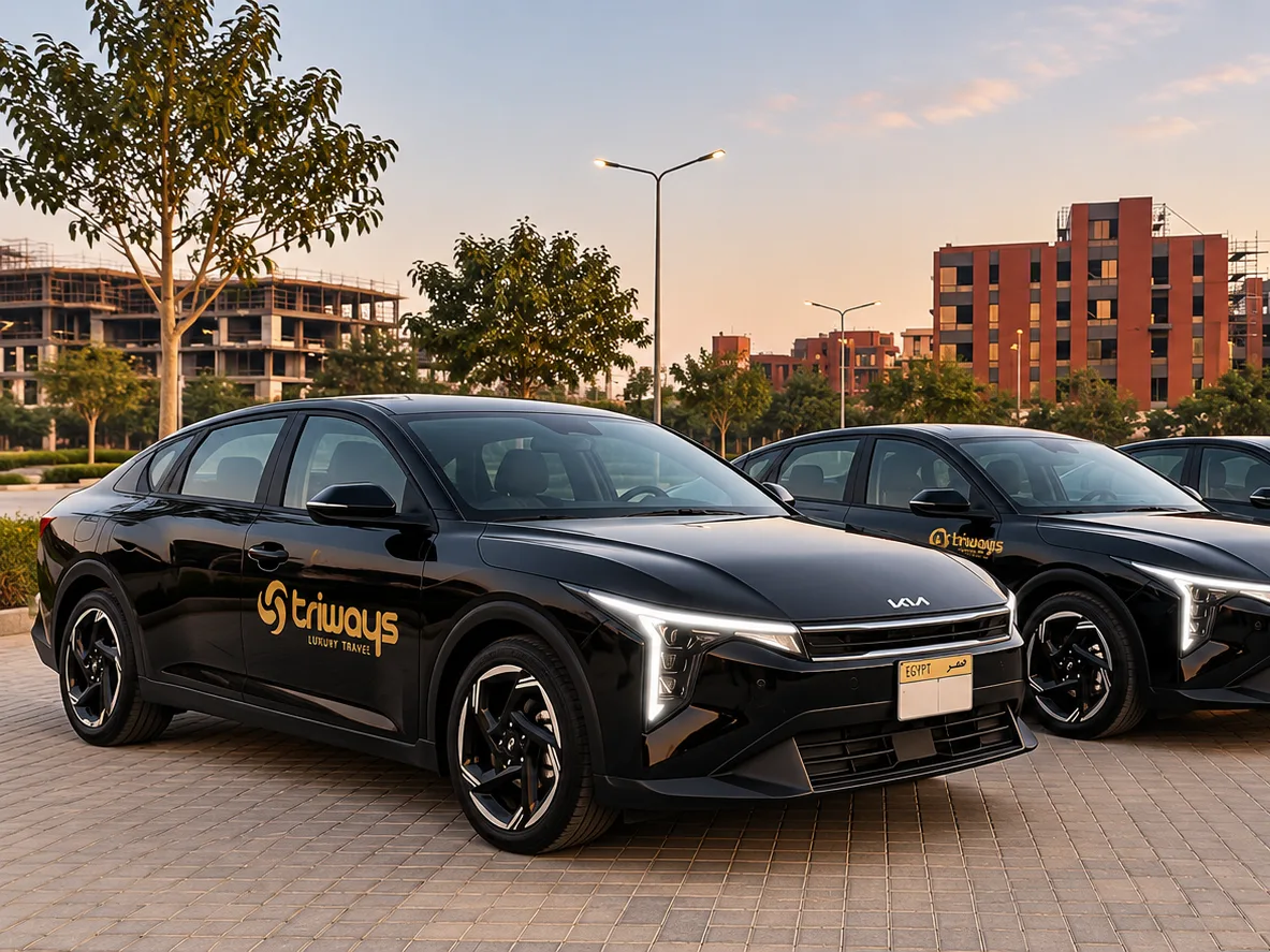 A line of black Kia saloon cars in Triways livery on a paved forecourt at dusk
