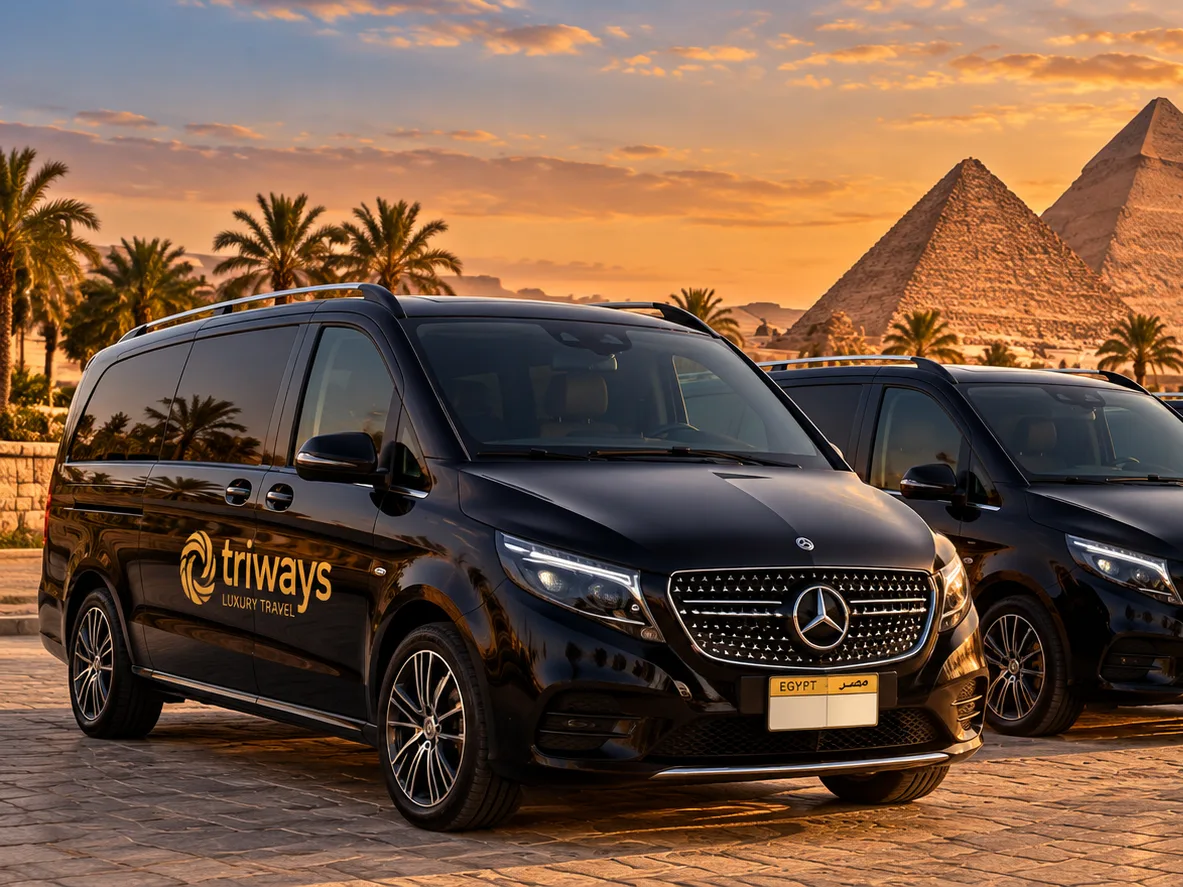 A black Mercedes-Benz V-Class in Triways livery, the first of a line parked before the Giza pyramids