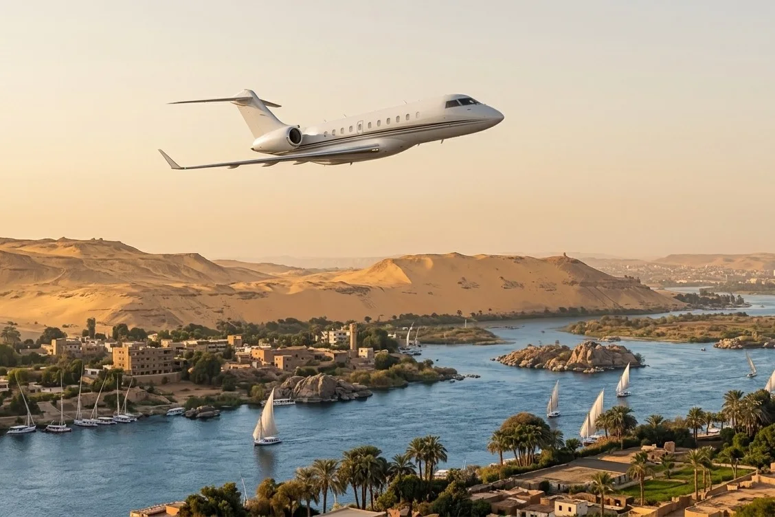 A private jet in flight over the Nile at golden hour, feluccas on the river and desert hills beyond
