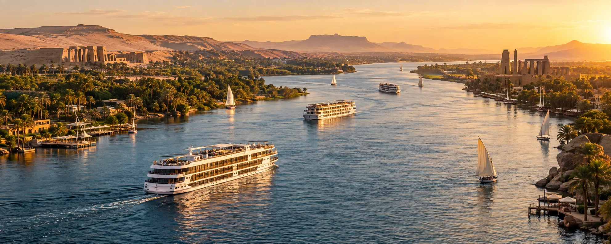 A river cruise ship on the Nile at sunset, feluccas under sail, palms and temples on both banks