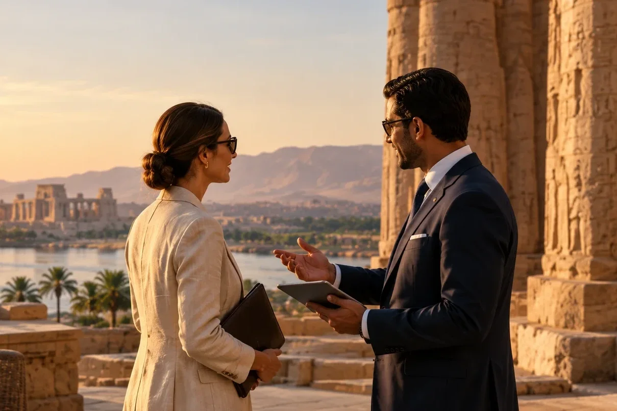 A Triways specialist in conversation with a traveller on a Luxor terrace at sunset, temple columns beside them and the Nile behind