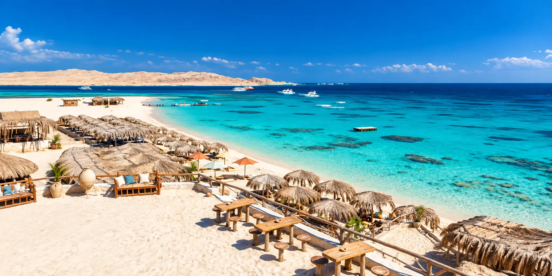 Thatched sunshades and a terrace on a white-sand Red Sea beach, above a turquoise reef lagoon with boats moored offshore