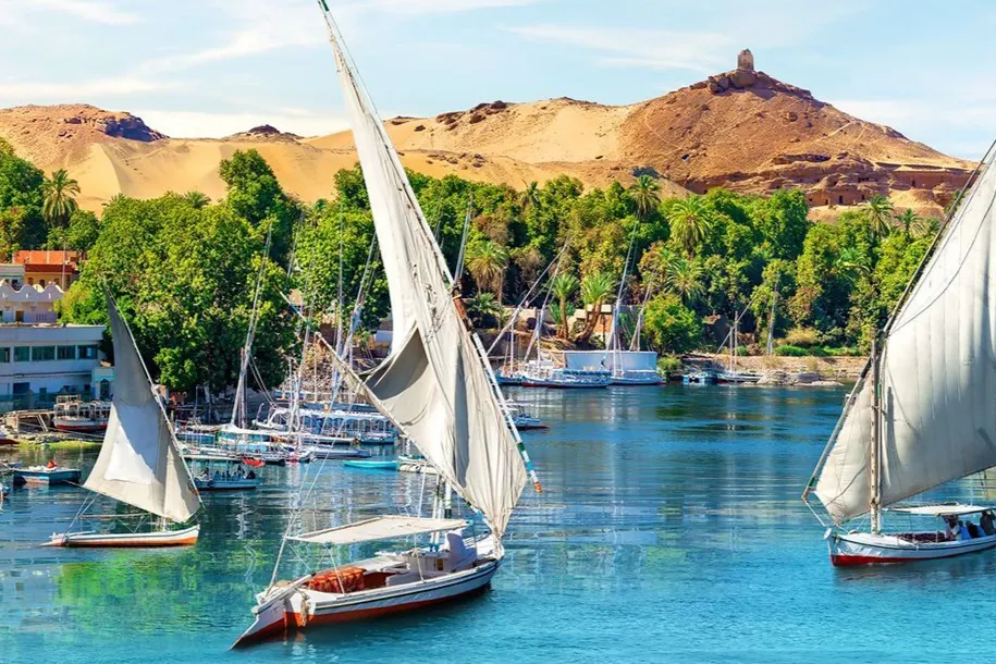 White-sailed feluccas on the Nile at Aswan