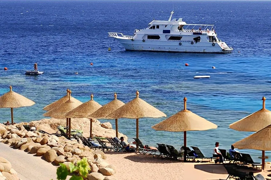 A white boat at anchor in a clear bay at Sharm El Sheikh