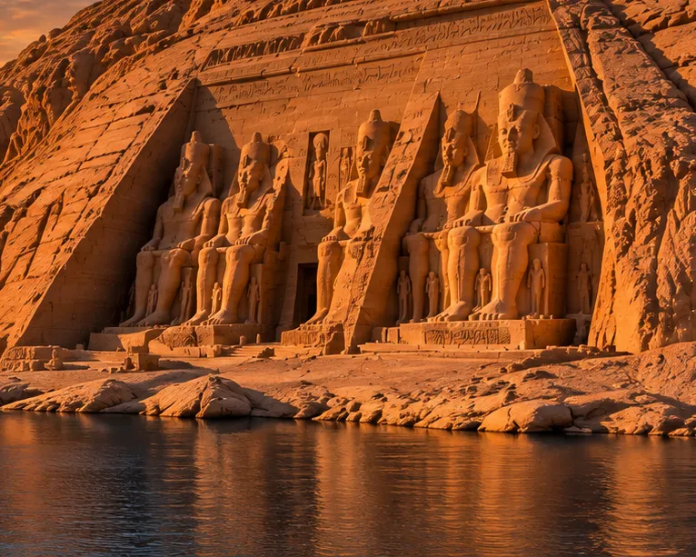 The seated colossi of Ramesses II at Abu Simbel, lit by the setting sun above Lake Nasser