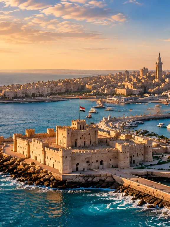 The Qaitbay Citadel on its harbour breakwater in Alexandria, with the Mediterranean seafront beyond