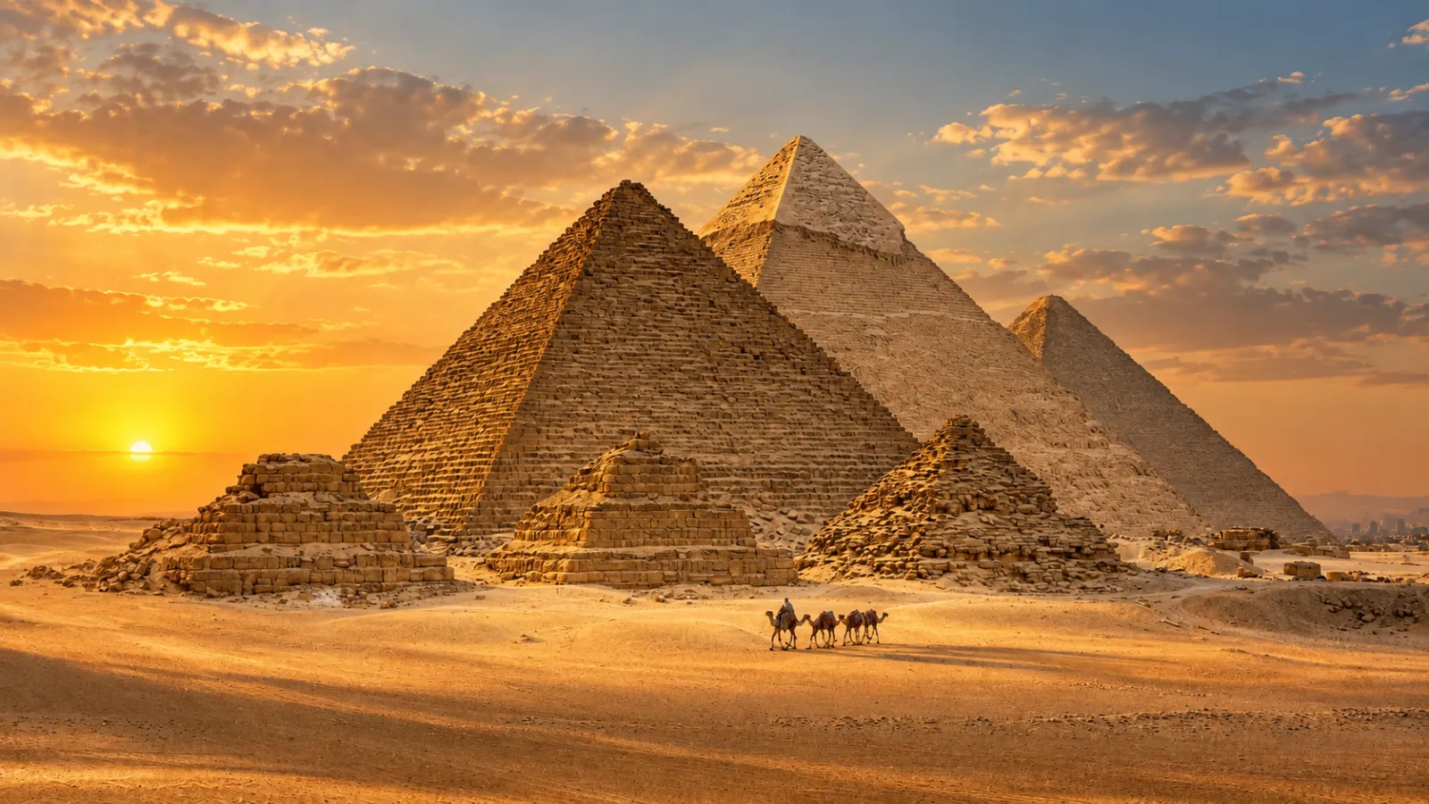 The Pyramids of Giza at sunset, with a camel caravan crossing the desert outside Cairo
