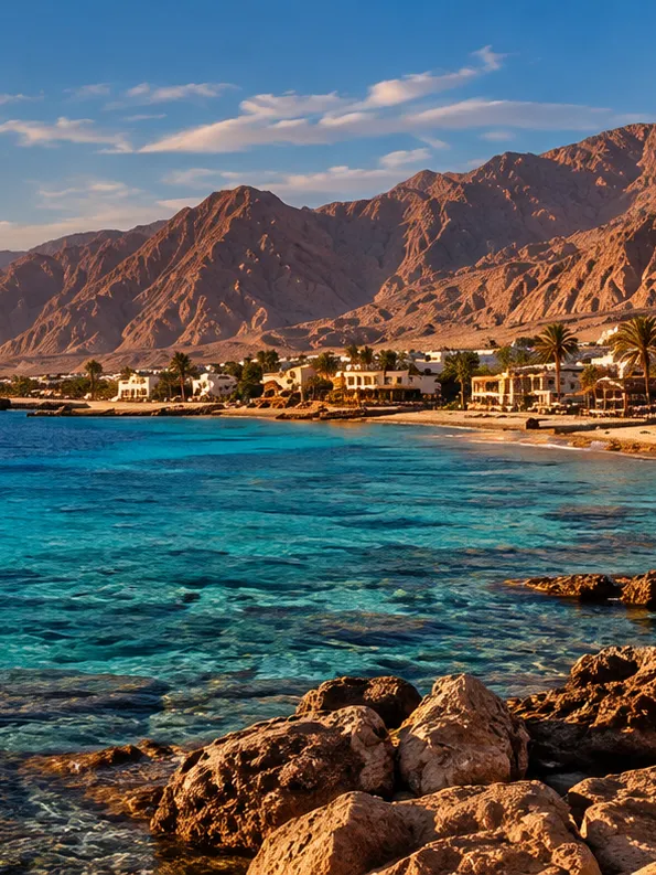 Clear Gulf of Aqaba water along the Dahab shoreline beneath red Sinai mountains