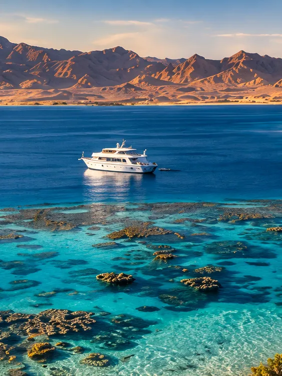 A white yacht moored above shallow coral reef off Hurghada, with desert mountains behind