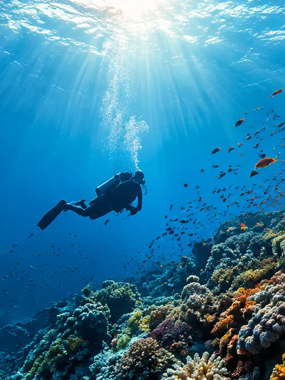 A diver descending beside a coral reef and shoals of orange anthias off Marsa Alam
