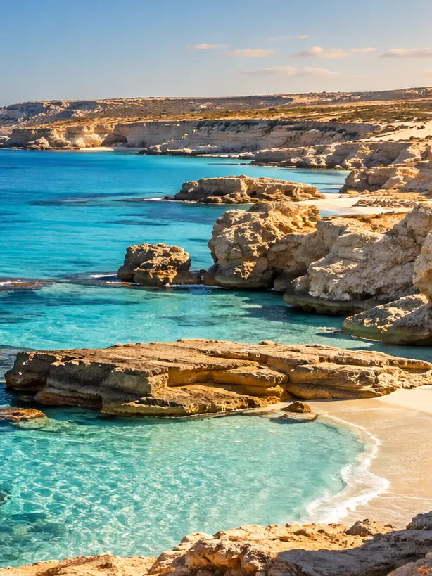 Limestone cliffs and a turquoise cove on the Mediterranean coast near Marsa Matrouh