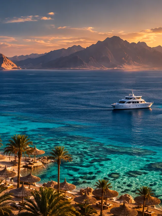 A yacht crossing turquoise water off a palm-lined Sharm El Sheikh beach at sunset
