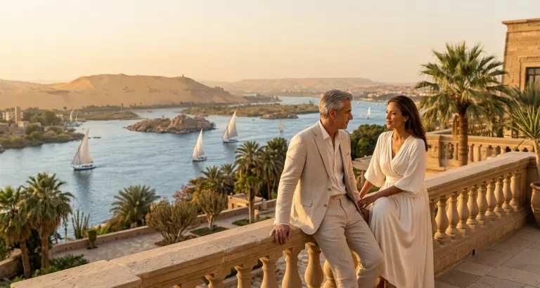 A couple on a stone hotel terrace above the Nile at sunset, feluccas sailing between the islands below
