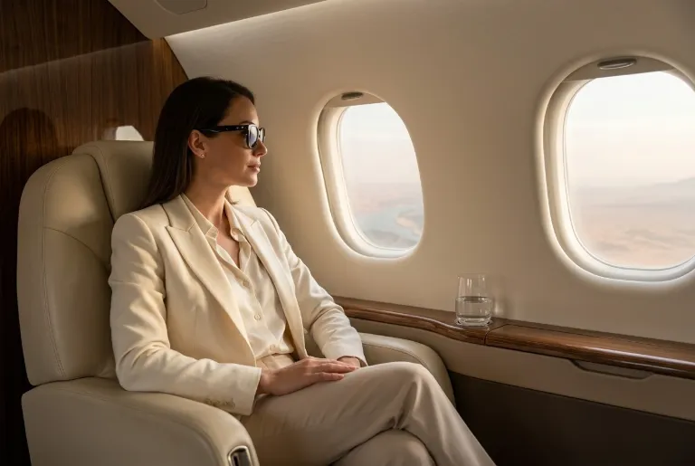 A traveller in a cream suit seated by the window of a private jet cabin, the Nile and the desert far below