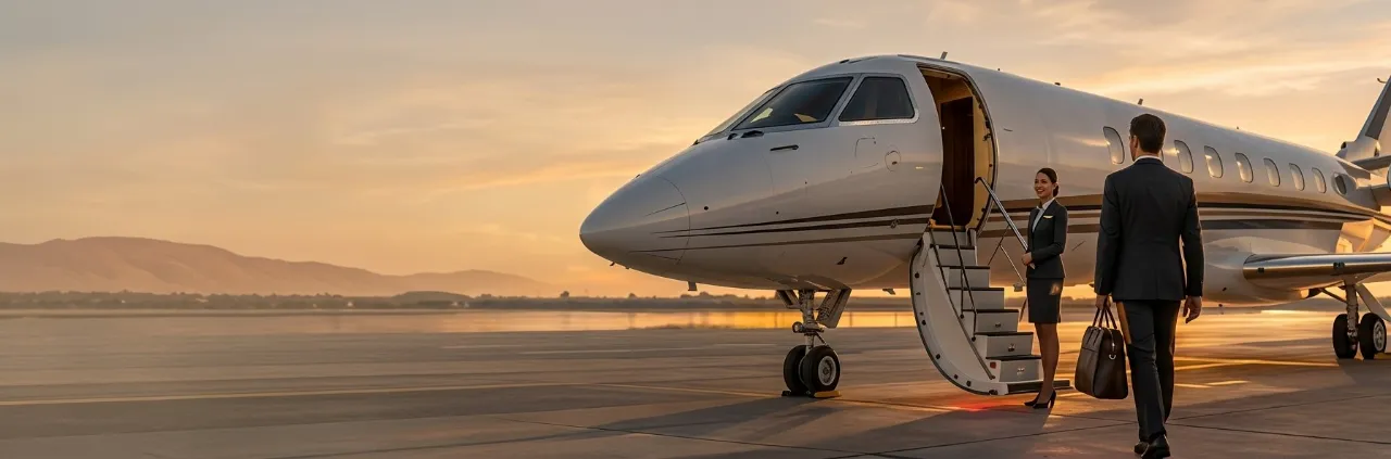 A traveller with a leather bag walking towards a private jet at sunset, a crew member waiting at the foot of the stairs