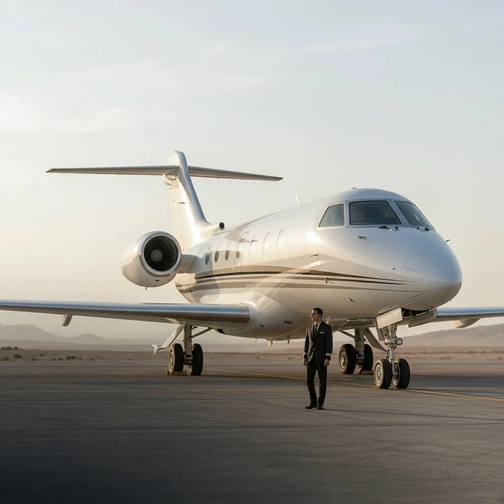 A private jet on a desert apron in soft morning light, a crew member standing beside the nose