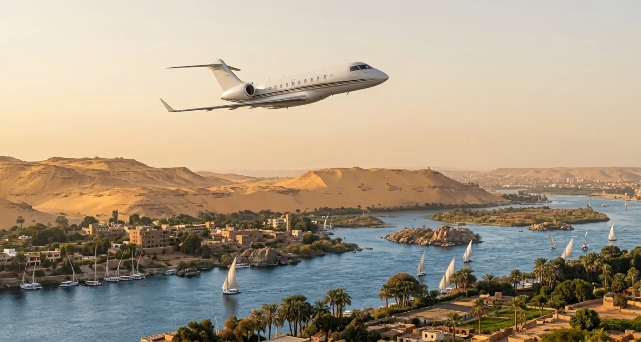 A private jet in flight over the Nile at golden hour, feluccas on the river and desert hills beyond