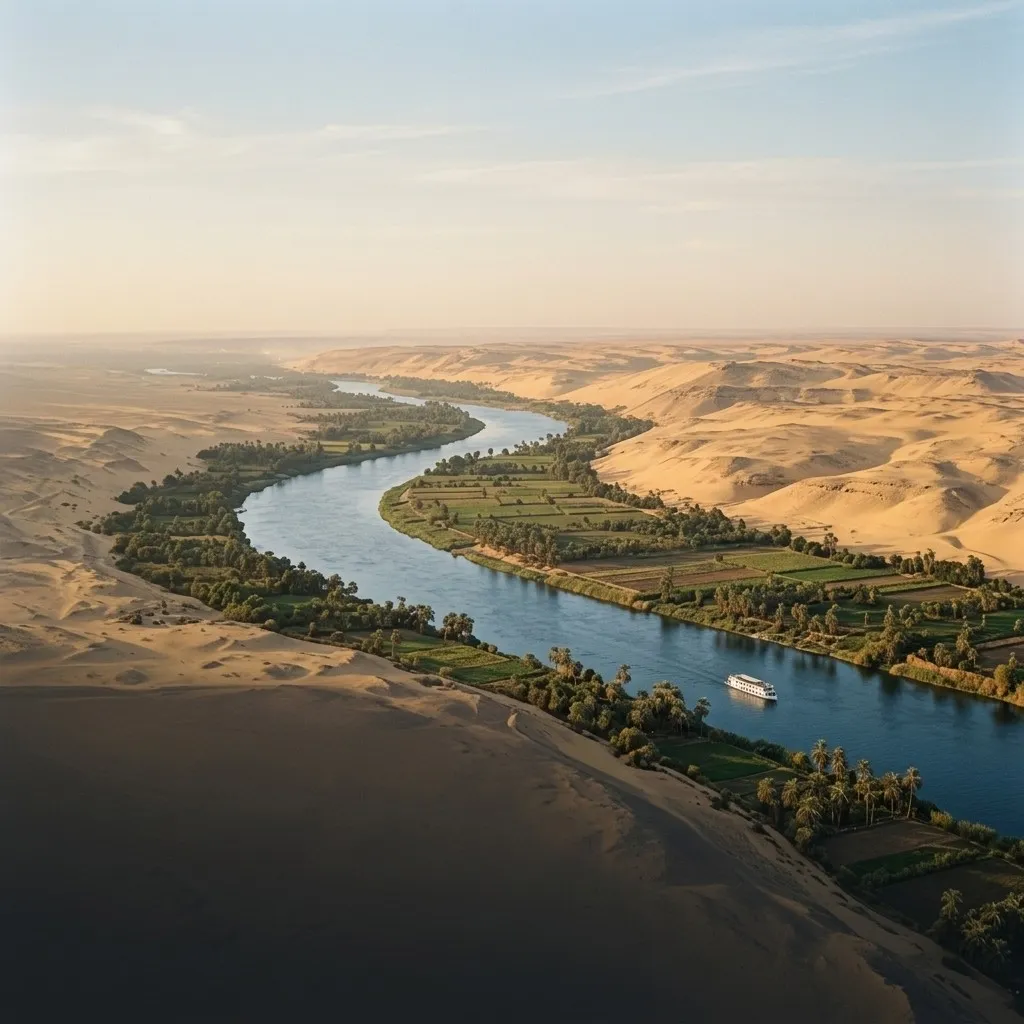 The Nile seen from the air, a green band of fields and palms between pale desert dunes, a river ship far below