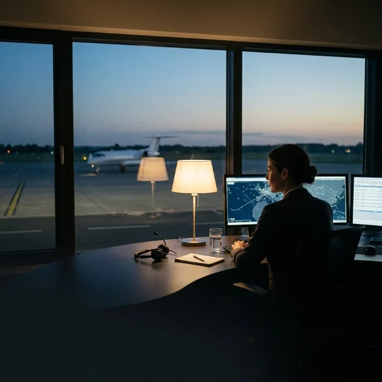 A coordinator at a lamplit desk watching flight screens, a private jet on the apron outside the window at dusk