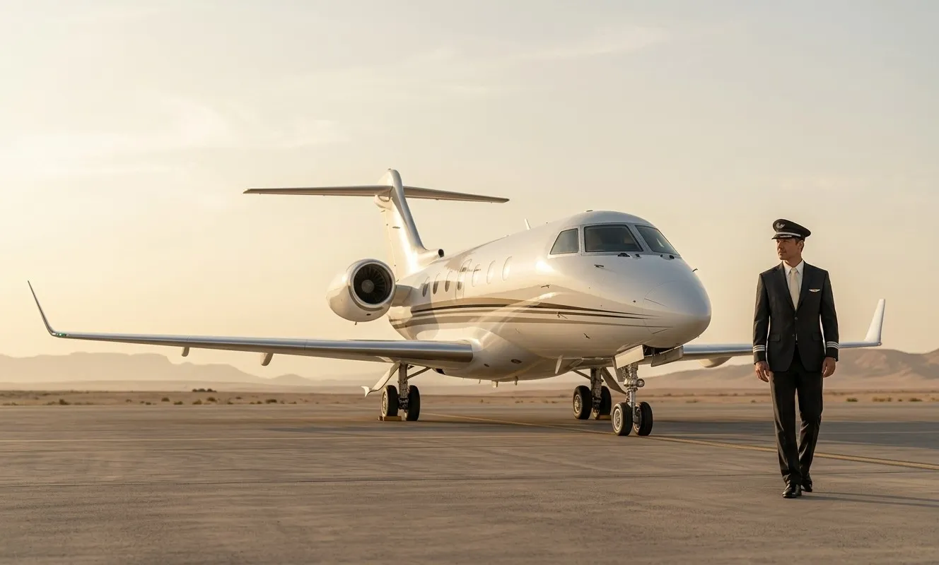 A pilot walks across the apron beside a private jet at sunset, desert hills behind