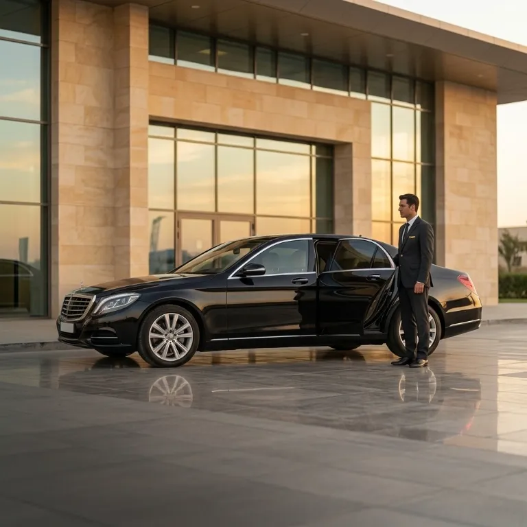A chauffeur holding open the rear door of a black saloon outside a terminal at sunset