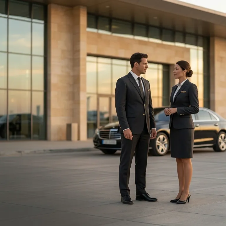 Two members of a ground team talking outside a stone terminal building at dusk, a black car waiting behind them