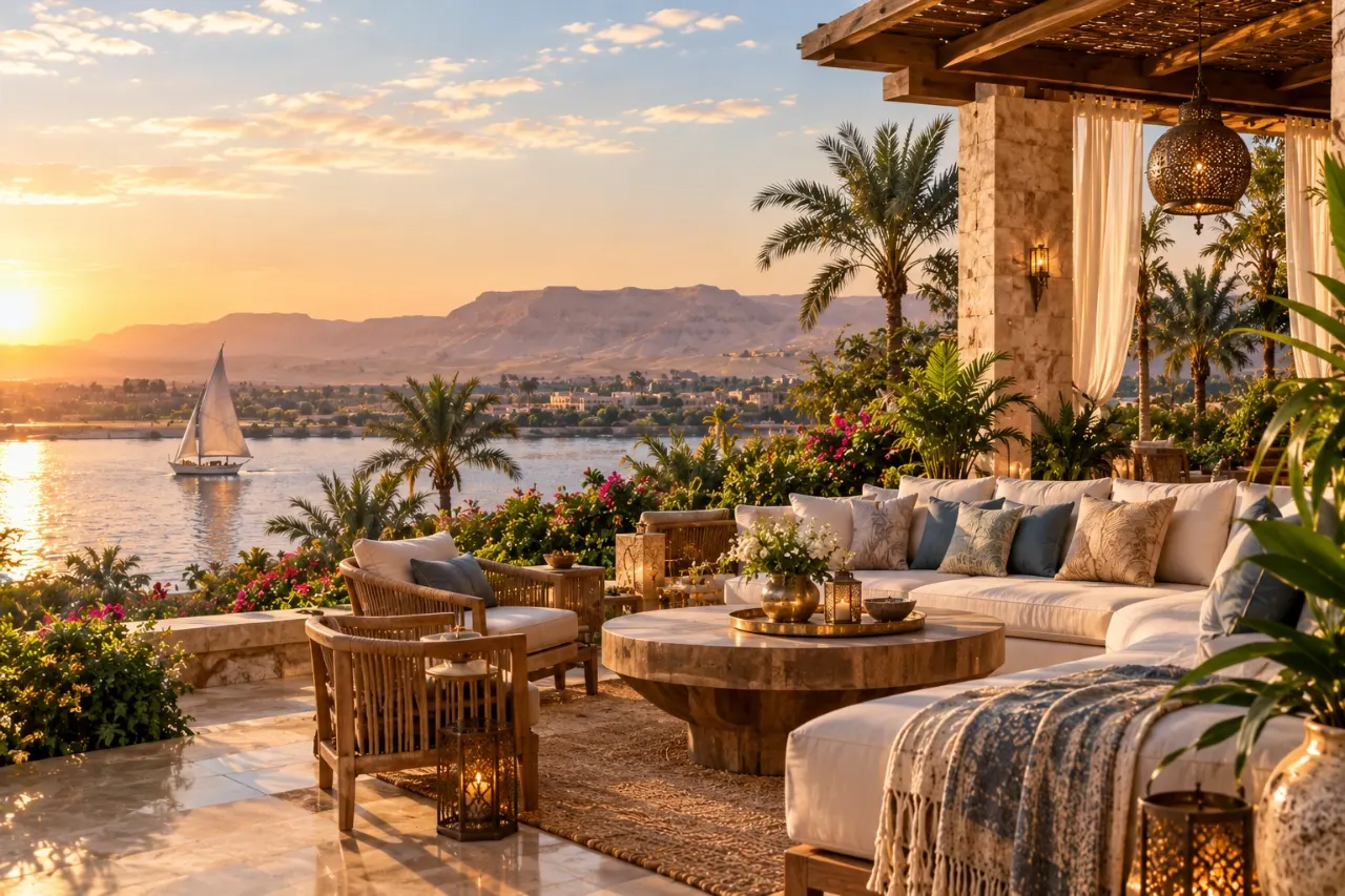 A shaded villa terrace in golden light: a limestone column, a pierced brass lantern, deep white sofas and a low stone table set with candles