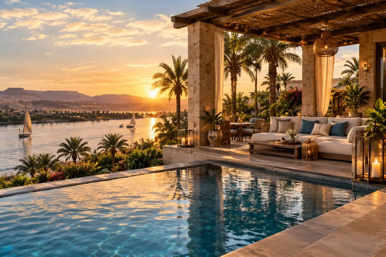 A private villa terrace with a pool and a shaded pergola above a river at sunset, sailboats on the water