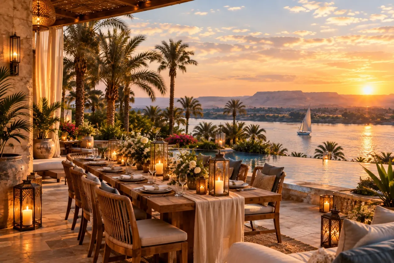 A long dinner table laid for a large party on a villa terrace, with white flowers, lanterns and candles, a pool and a river at sunset beyond
