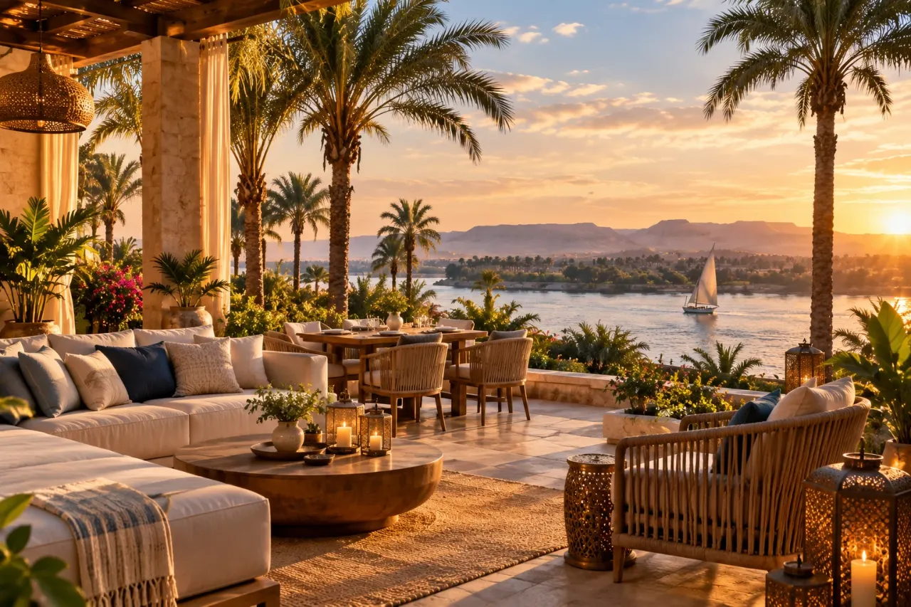 An open-air living room on a villa terrace at sunset: sofas, a round timber table with lanterns and a dining table under the palms, a river and a sailing boat beyond