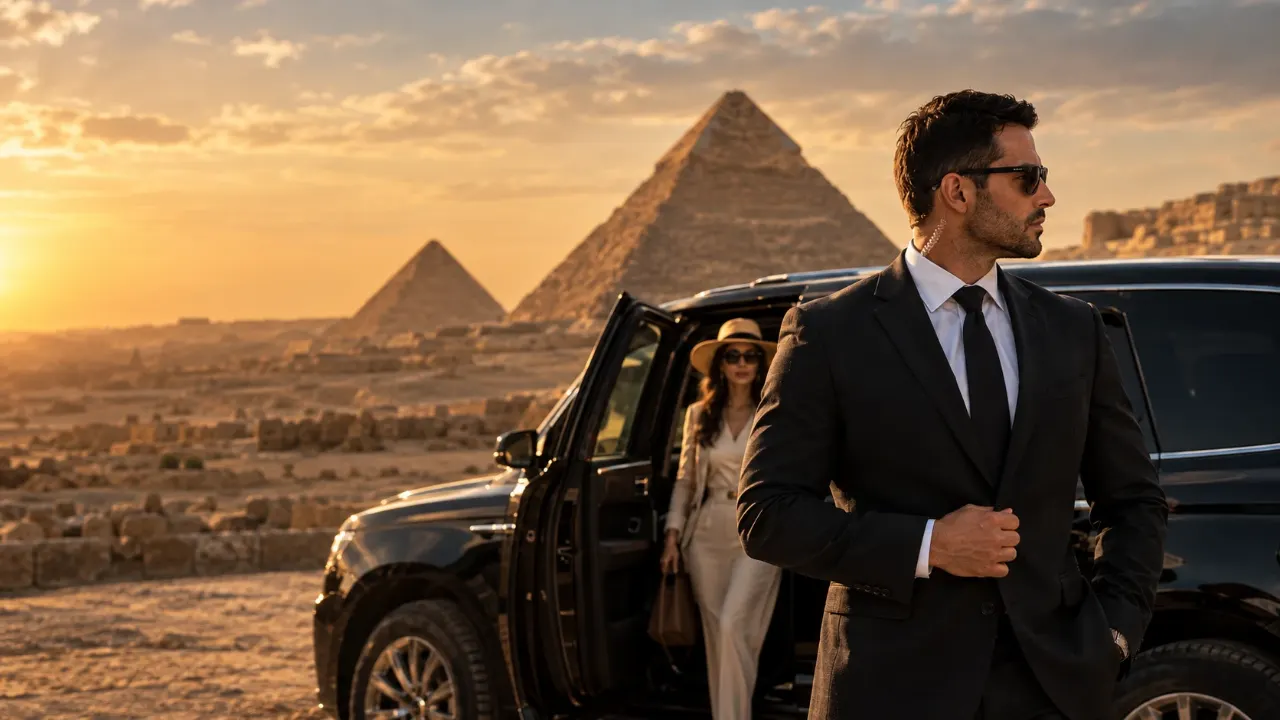 A client in a pale suit stepping from a black car at sunset near the Pyramids of Giza, an officer in a dark suit standing by the open door
