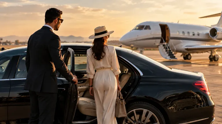 A traveller stepping into a waiting car beside a private jet on the apron at sunset